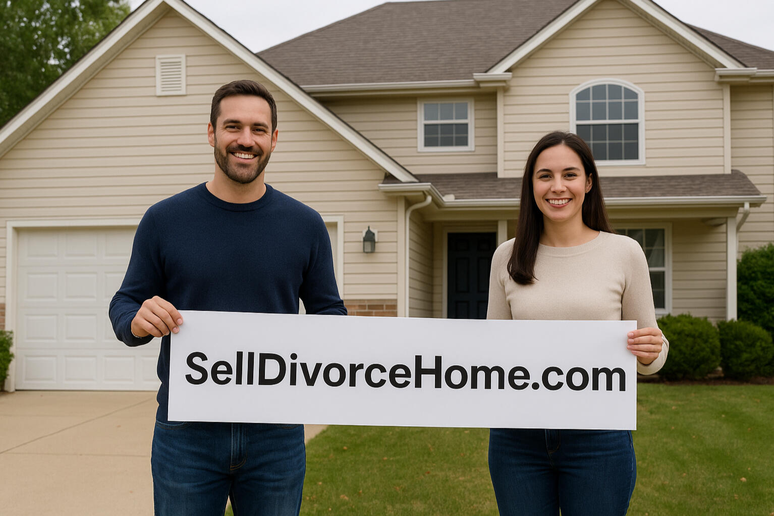 Smiling Couple Holding “SellDivorceHome.com” Banner in Front of Suburban Home A smiling man and woman stand in front of a beige suburban house, each holding one end of a white banner that reads “SellDivorceHome.com” in bold black letters, promoting compassionate real estate services for homeowners going through divorce.